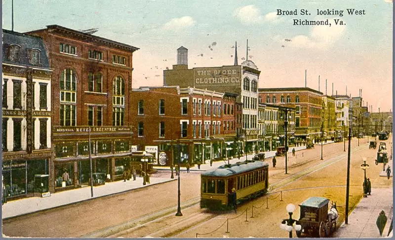 Postal mostrando uma linha de bondes em Richmond, Virginia, no ano de 1914.