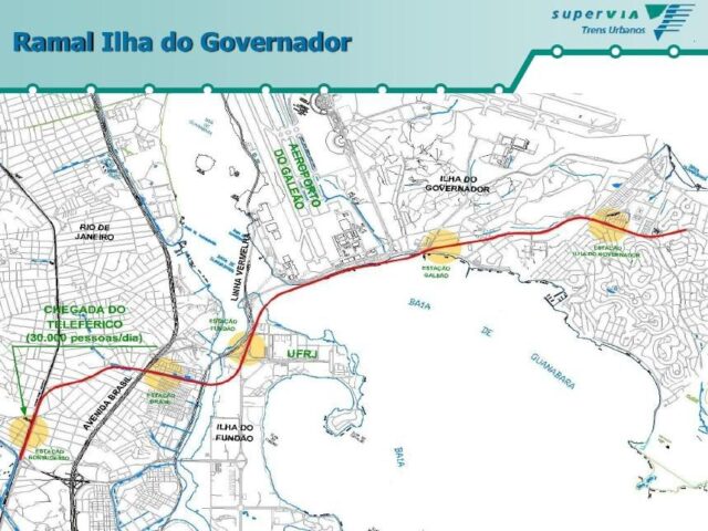 Mapa mostrando o projetado ramal da Supervia partindo da estação de Bonsucesso e adentrando a Ilha do Governador