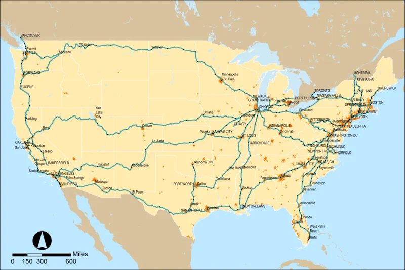 Mapa da Malha operada pela Amtrak em 2016.