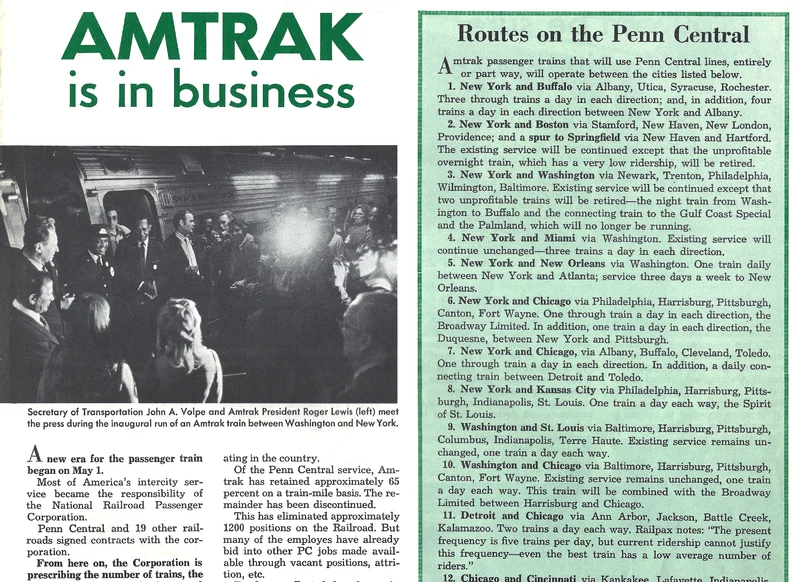 Publicação dos funcionários da Penn Central Railroad anunciando a inauguração da Amtrak em 1º de maio de 1971