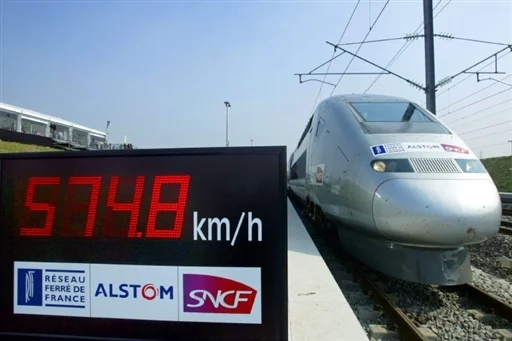 The V150 TGV, which set a new world speed record for a train on rails, hitting 574.8 kilometres per hour (357 miles per hour) on a 73-kilometre (45.3 mile) stretch of track between Paris and the eastern city of Strasbourg, is parked at the Reims railway station. AFP PHOTO FRANCOIS NASCIMBENI