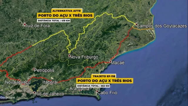 Imagem ilustrativa dos traçados da EF-118 e da alternativa AFTR, a Ferrovia da Serra do Mar.