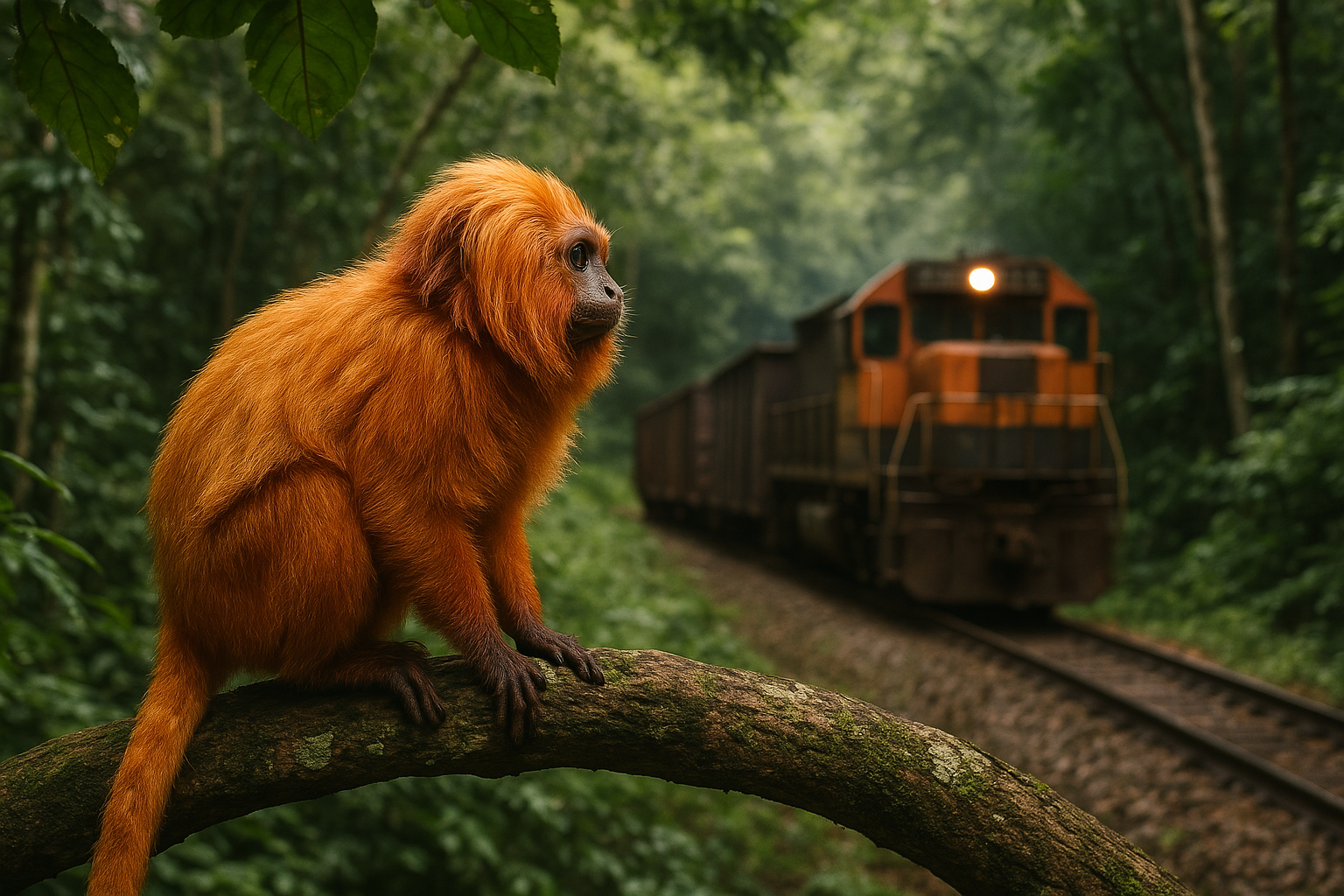 Gere uma imagem realista e fotográfica com um símio da espécia Mico-Leão Dourado, sobre um galho de uma árvore de seu habitat, uma floresta, observando um trem de cargas passando dentro desta floresta