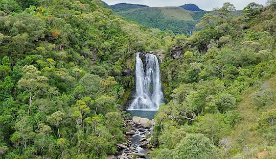 Cachoeira em meio à vegetação Descrição gerada automaticamente