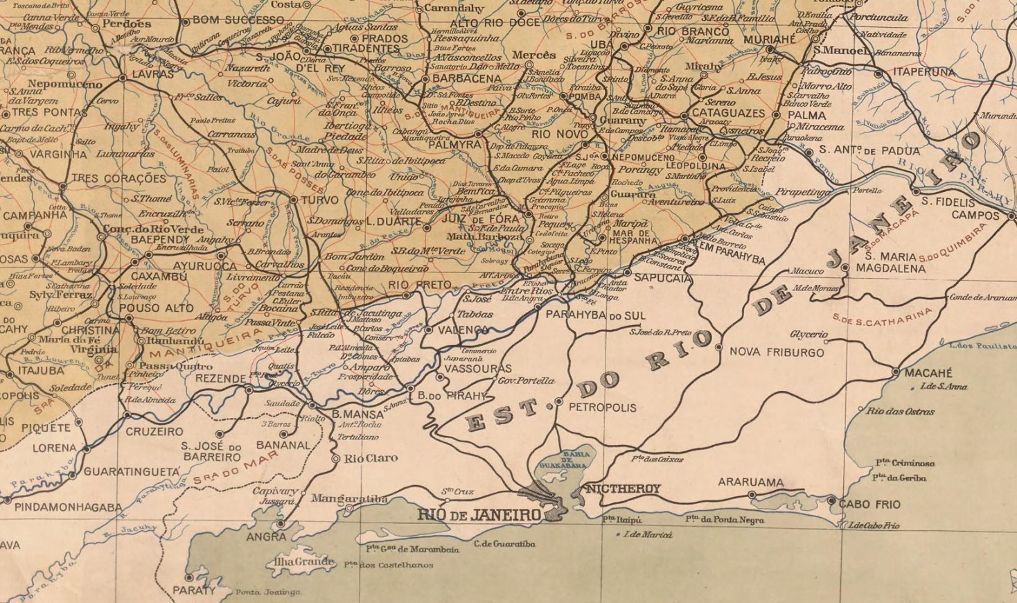 Mappa da viação do Estado de Minas Geraes (1928), observem a quantidade de ferrovias mineiras que se ligavam às linhas do Rio de Janeiro. Fonte: Biblioteca Nacional (cart168109)