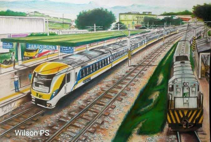 Estação Saracuruna recebendo trens modernos atendendo aos atuais ramais em bitola métrica operados pela Supervia. Imagem: arte exclusiva produzida por Wilson PS, um dos fundadores Trilhos do Rio, responsável e mantenedor do Blog “A Leopoldina renasce na arte”