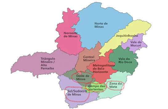 Circundadas em vermelho, as regiões beneficiadas por essa proposta no estado de Minas Gerais.