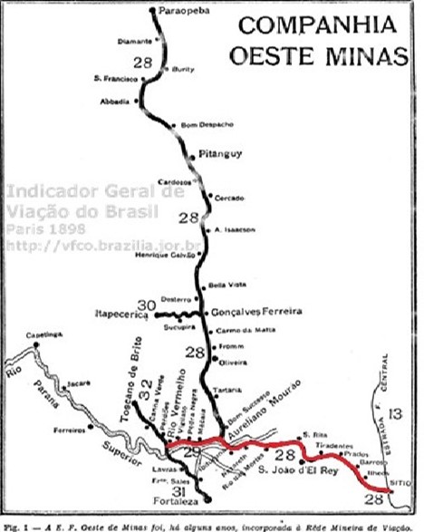 Mapa de parte da EFOM, mostrando em vermelho o trecho da bitolinha. Fonte: VFCO