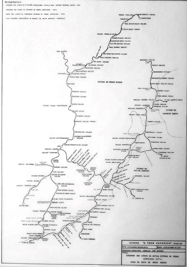 Mapa do trecho Três Rios-RJ x Caratinga-MG e suas estações. Fonte: O Trem Expresso