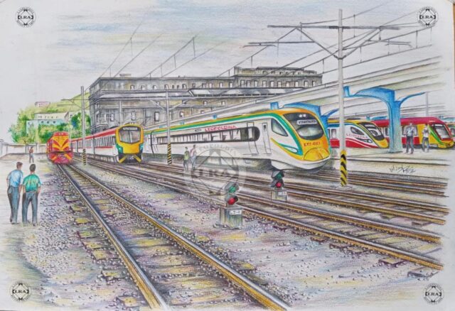 Ilustração de um trem na estação Barão de Mauá, Leopoldina