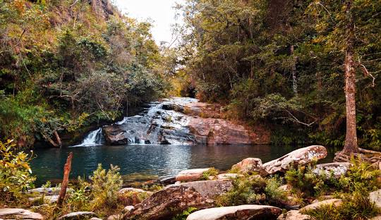 Rio com pedras e árvores ao fundo Descrição gerada automaticamente