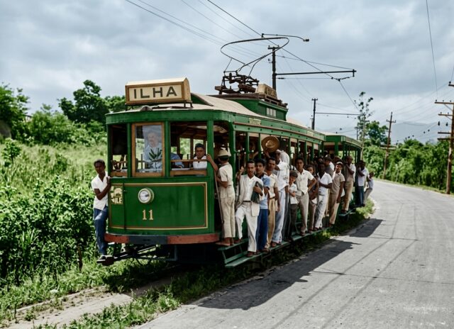 Sob o asfalto, os trilhos que lembram a época dos bondes de Campo Grande Bonde Ilha, imagem colorizada por IA