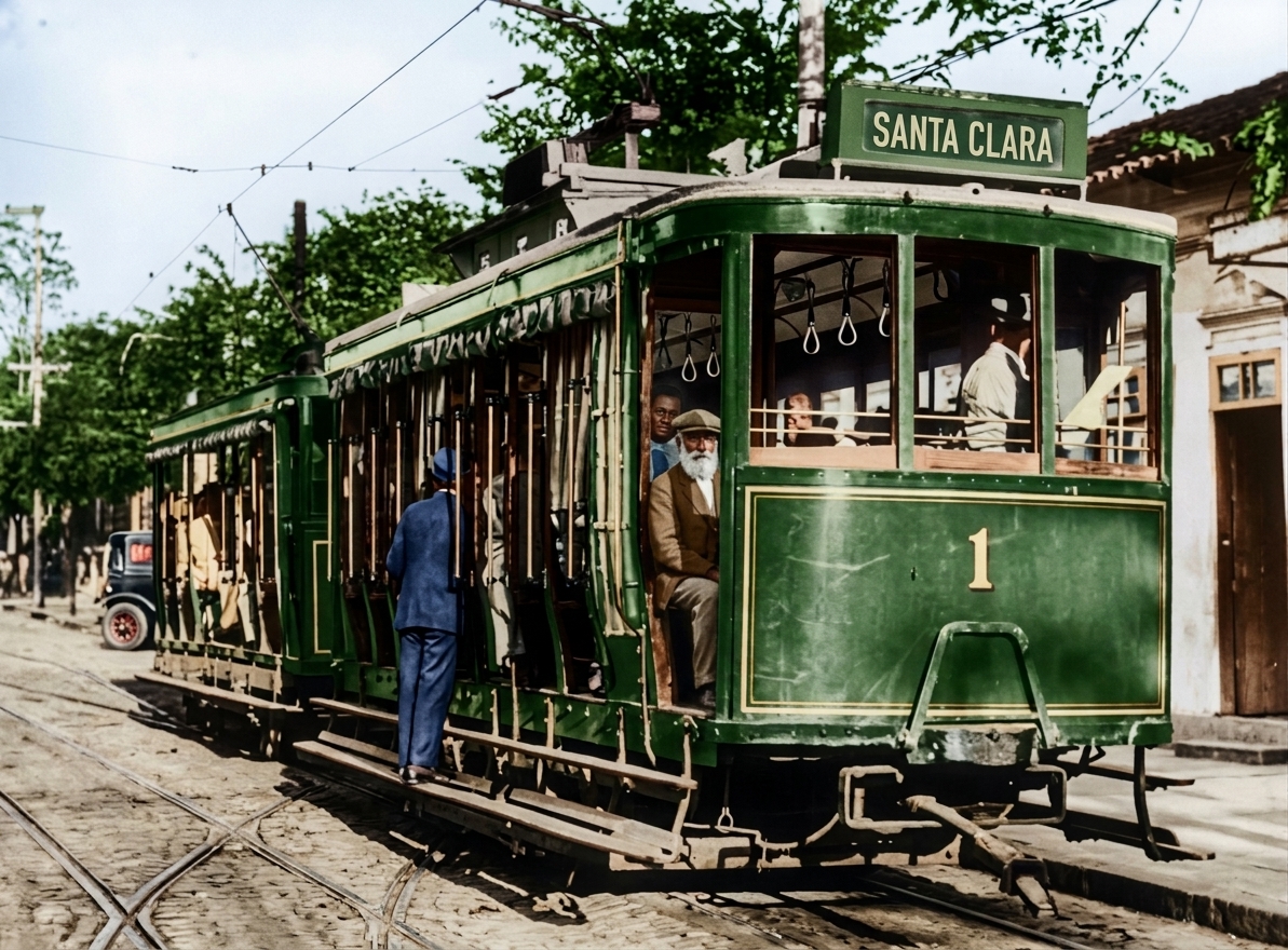 Sob o asfalto, os trilhos que lembram a época dos bondes de Campo Grande Bonde Santa Clara, em imagem colorizada por IA