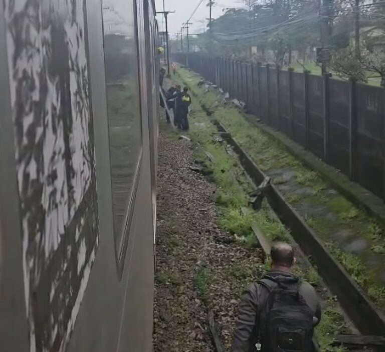 Passageiros caminhando na via férrea ao lado de um trem da TrensRJ