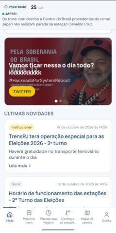 Ataque hacker atinge aplicativo e site da Trens RJ durante eleições Ataque hacker atinge aplicativo e site da Trens RJ durante eleições